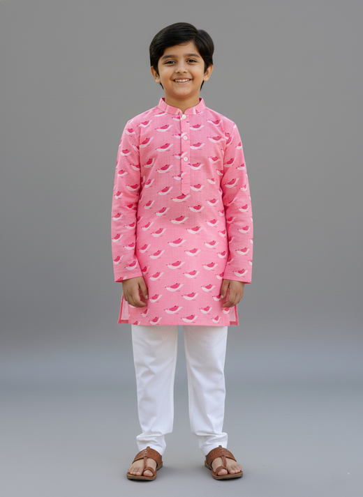 Pink bird print kurta set