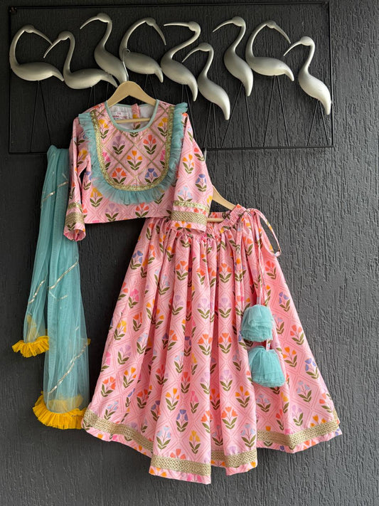 Pink geometric flower print Lehenga