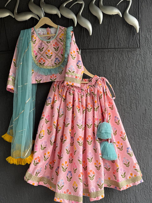 Pink geometric flower print Lehenga