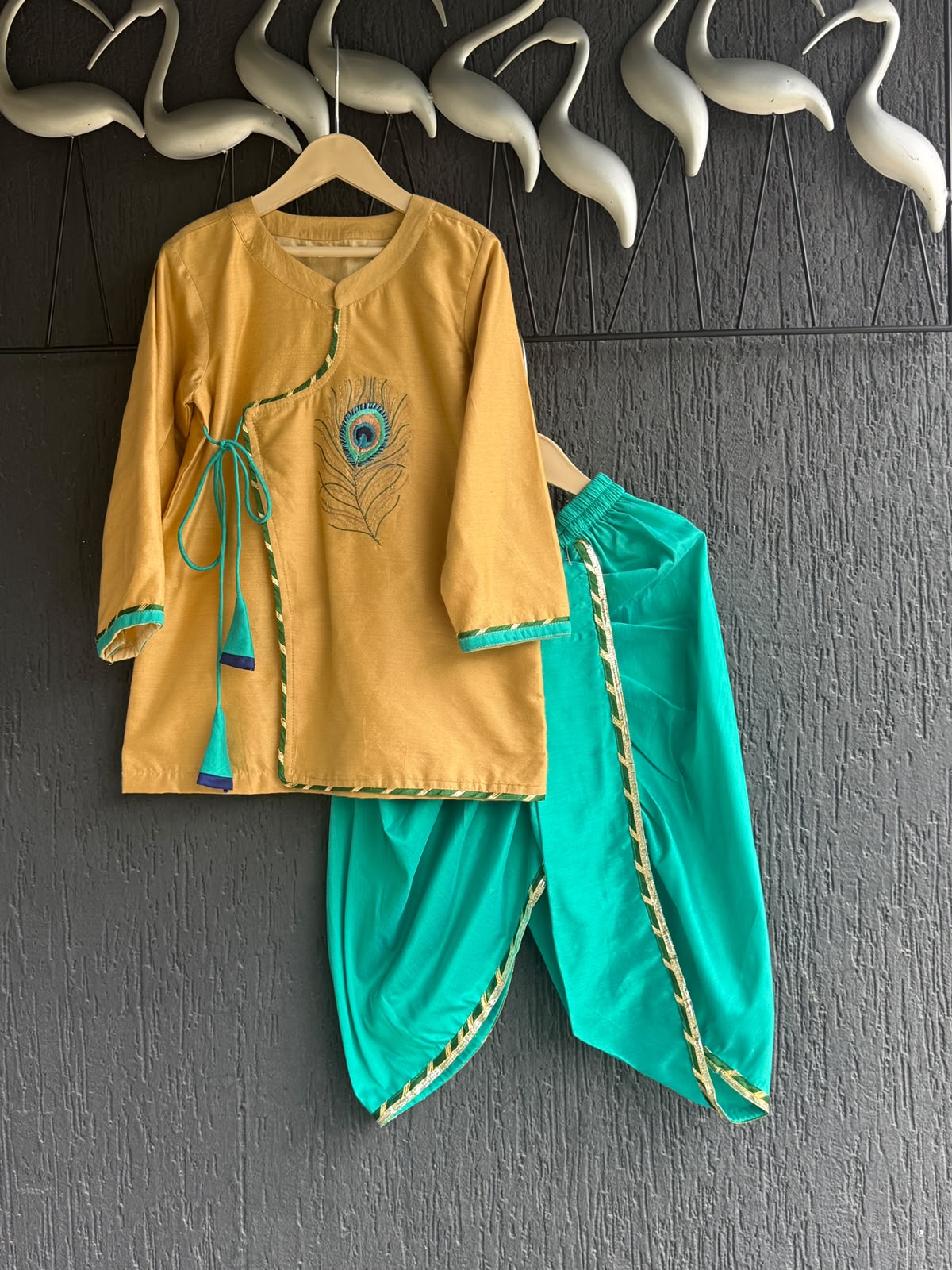 Beige angrakha mor pankh dhoti set boy
