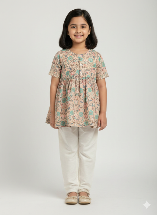Beige floral jaal print kurta set