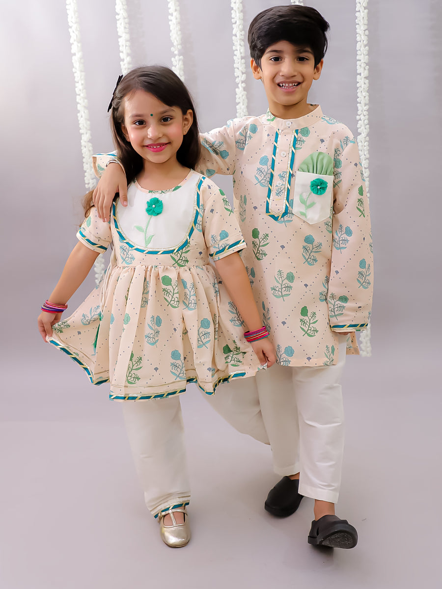 Beige floral printed anchor thread kurta set