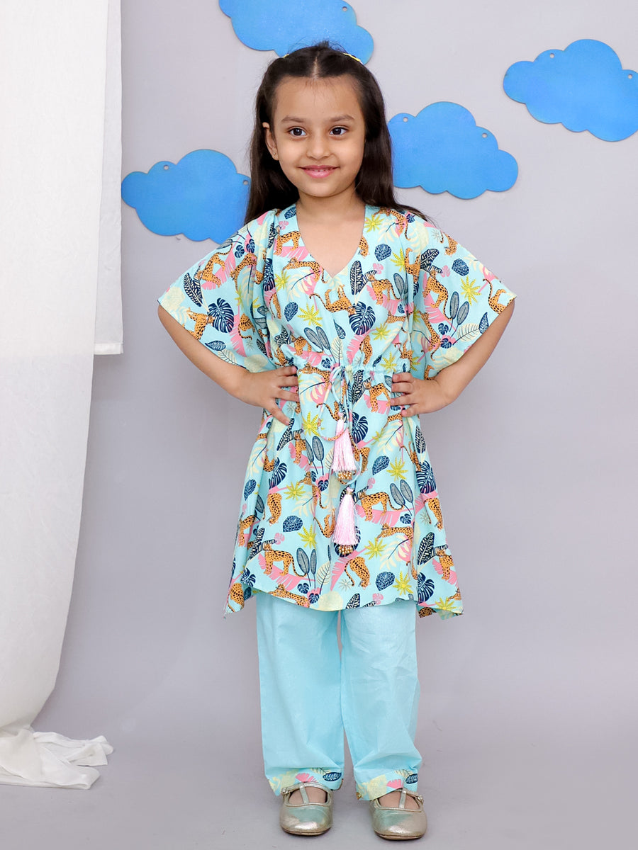 Blue tiger print kaftan kurta set