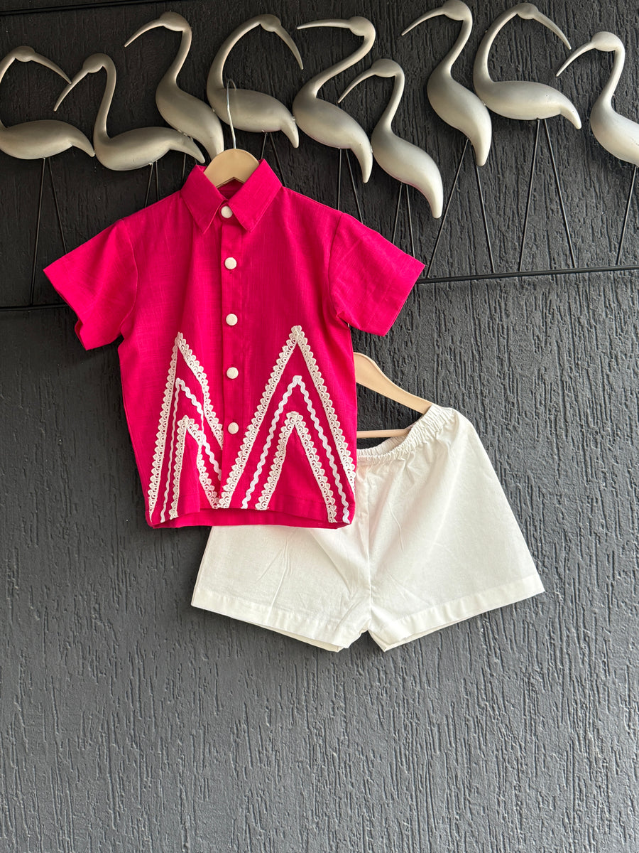 Deep pink summer shirt with white shorts