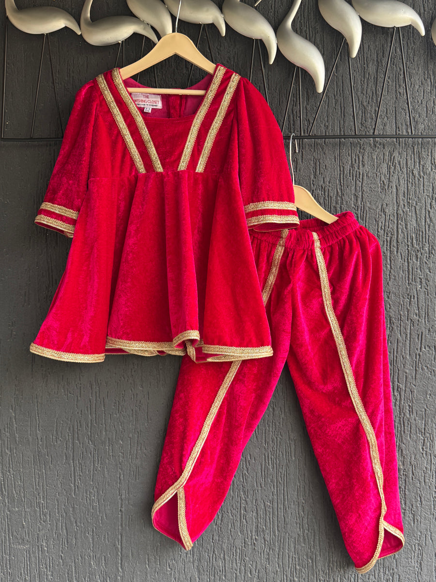 Fuchsia pink frock-style velvet dhoti set