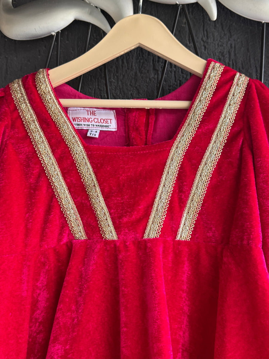 Fuchsia pink frock-style velvet dhoti set with dupatta