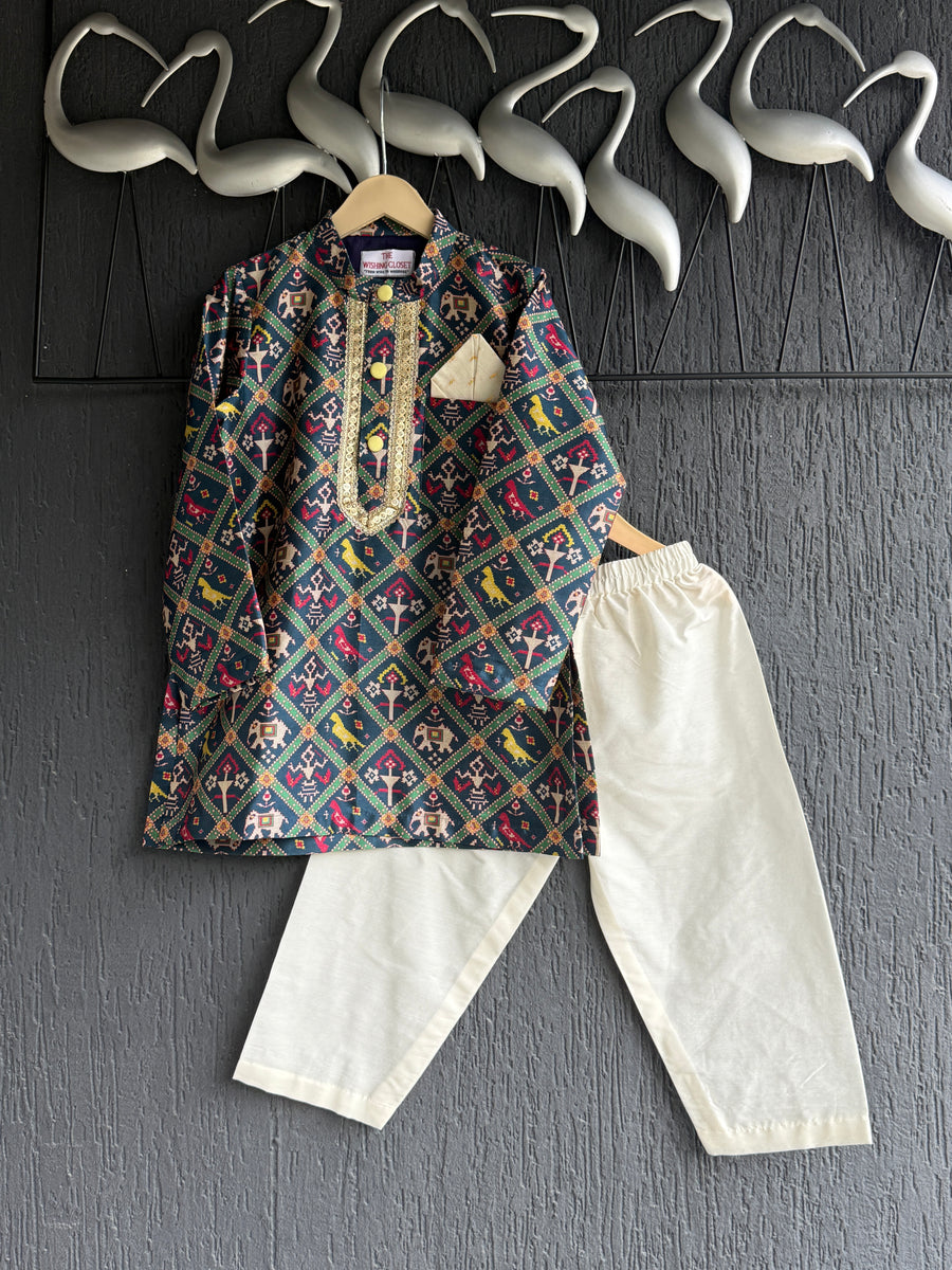 Navy Blue Patola Print Kurta Set