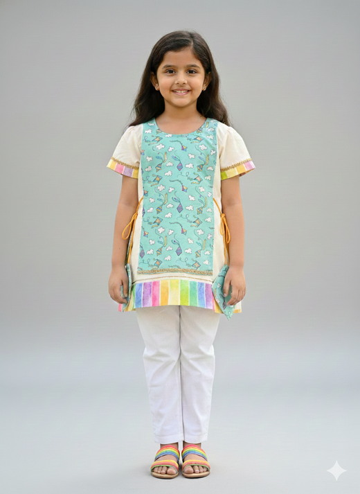 Off white sky blue kite print kurta set