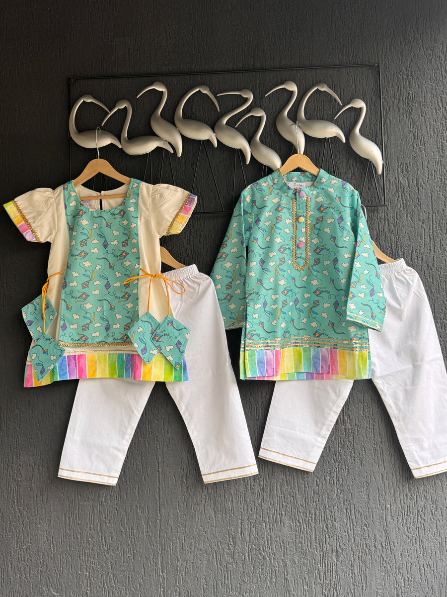 Off white sky blue kite print kurta set