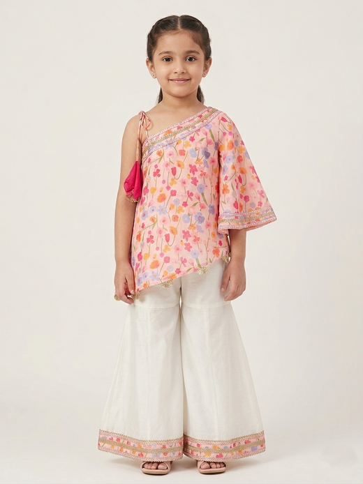 One off shoulder pink printed palazzo set