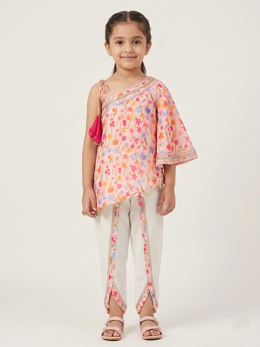 One off shoulder pink printed tappered dhoti set