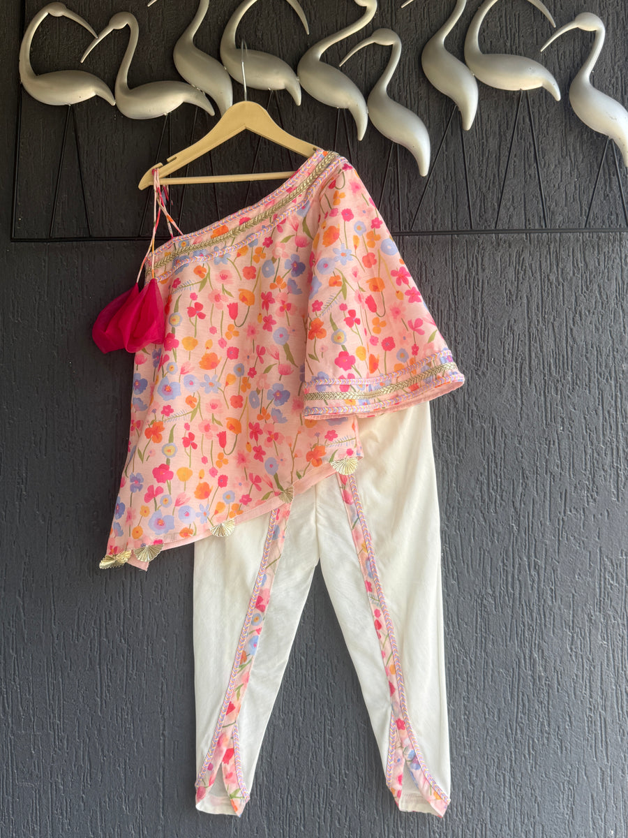One off shoulder pink printed tappered dhoti set