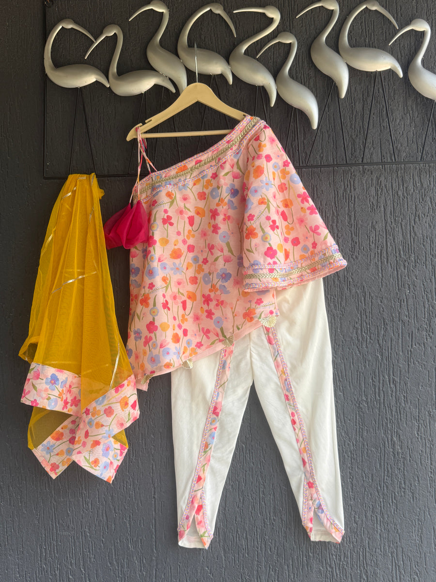 One off shoulder pink printed tappered dhoti set