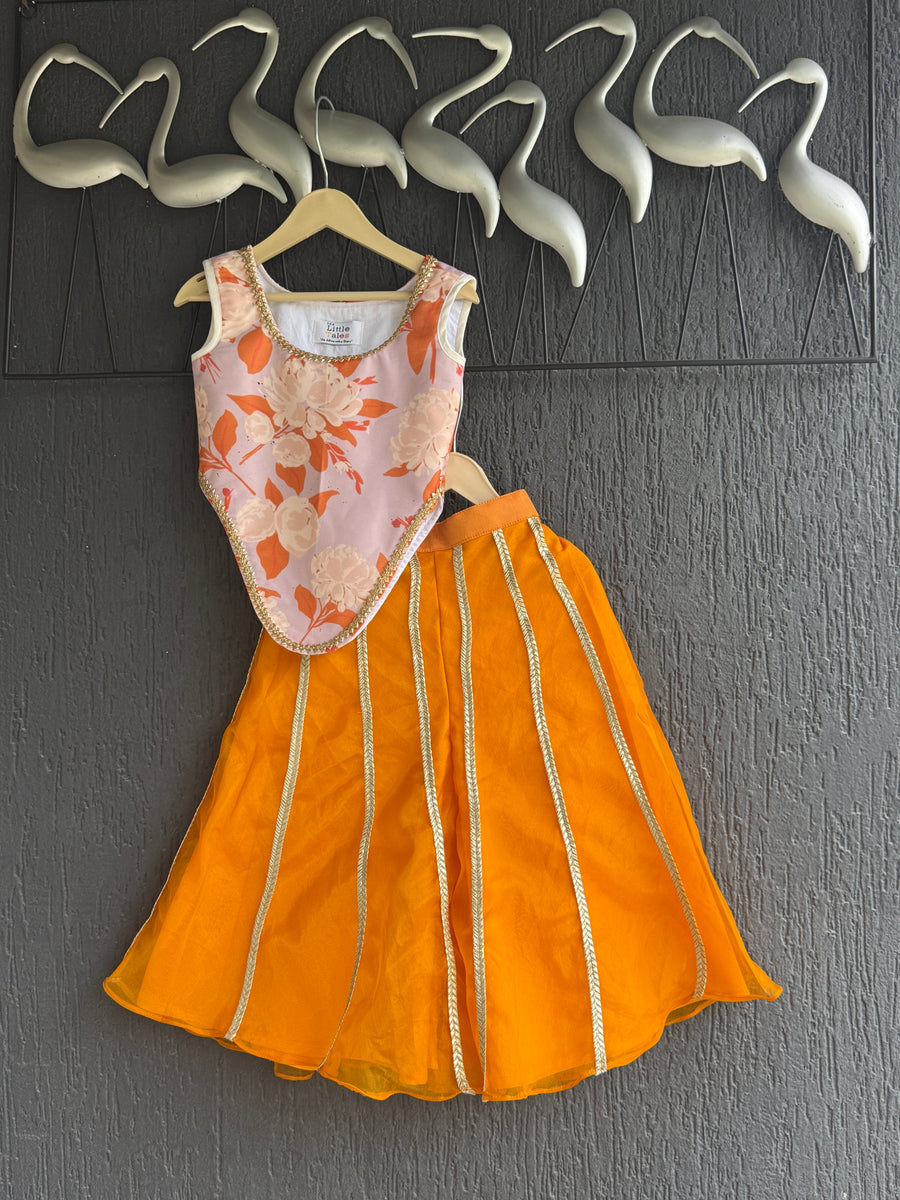 Orange asymmetric crop top with flared palazzo set