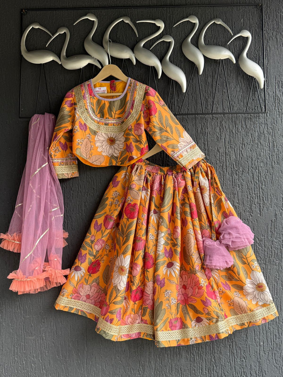 Orange Bold Floral Print Lehenga
