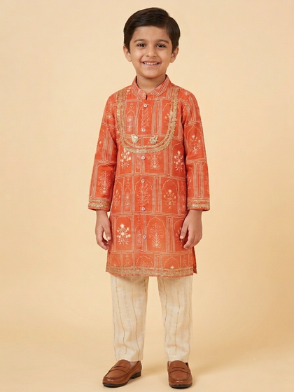 Orange mughal print boys kurta set — handmade festive kidswear by The Wishing Closet