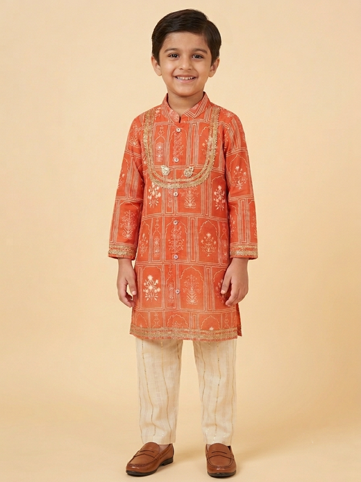 Orange mughal print boys kurta set