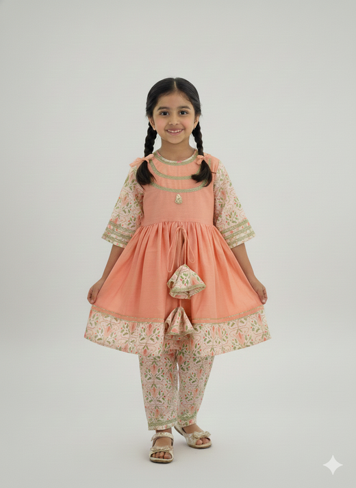 Peach cotton silk frock style kurta