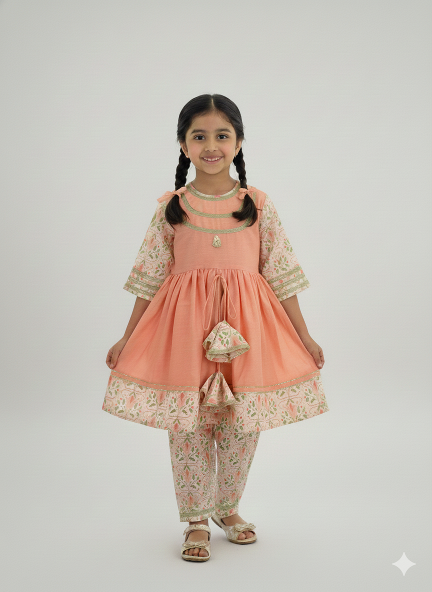 Peach cotton silk frock style kurta