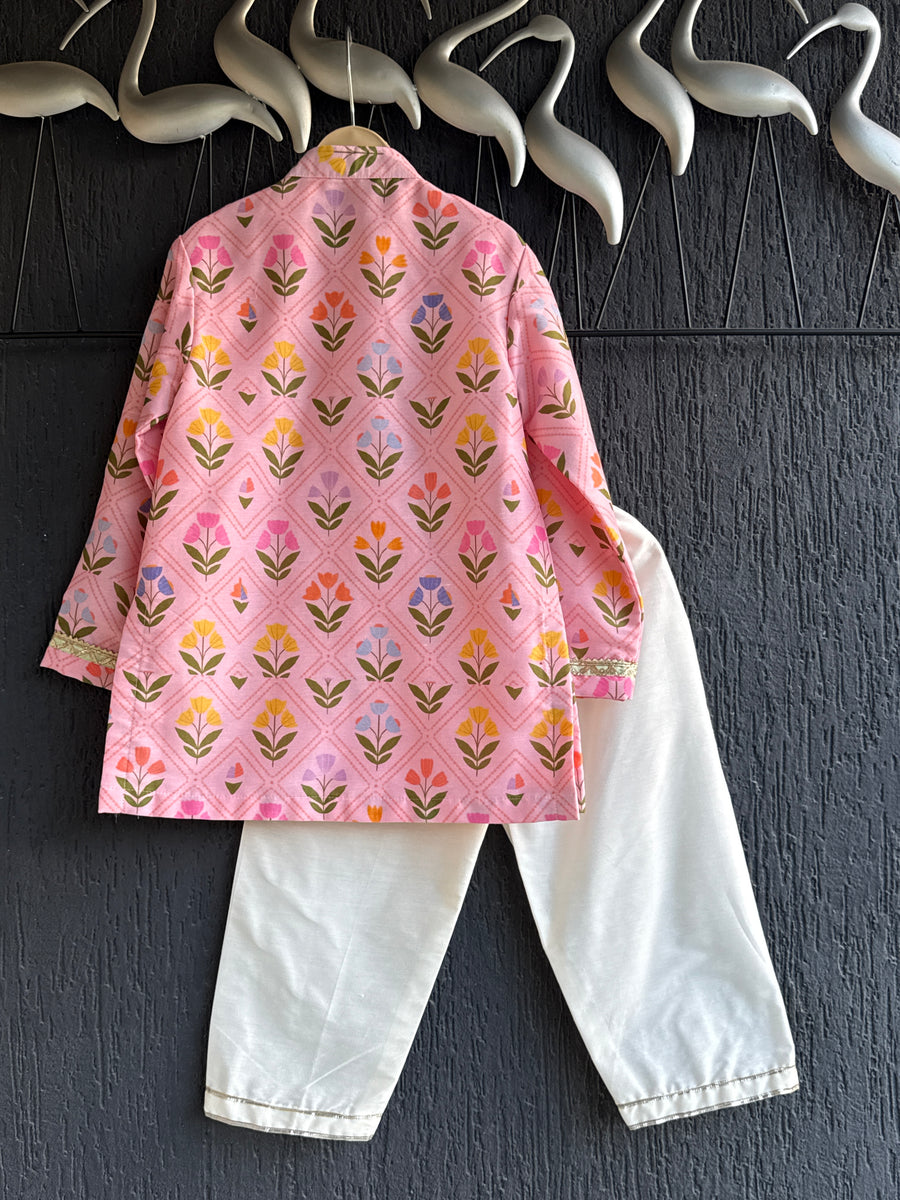 Pink geometric flower print boys kurta set