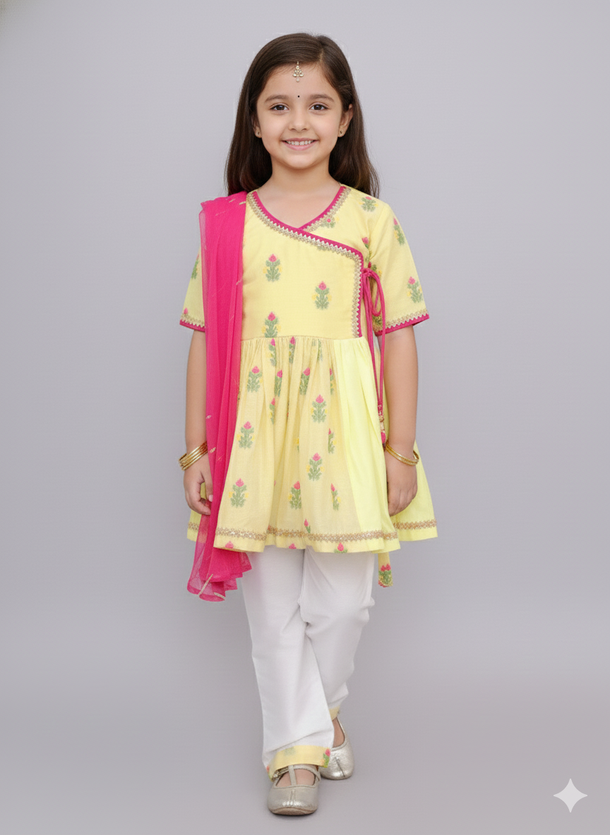 Yellow chanderi angrakha set