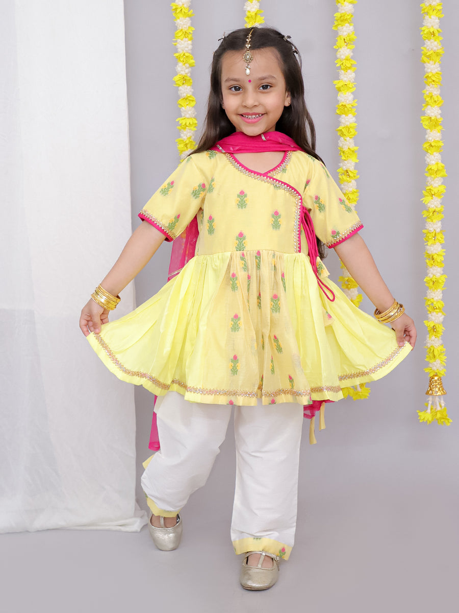 Yellow chanderi angrakha set