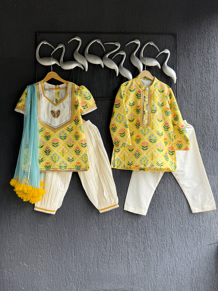 Yellow multi flower print kurta set with salwar