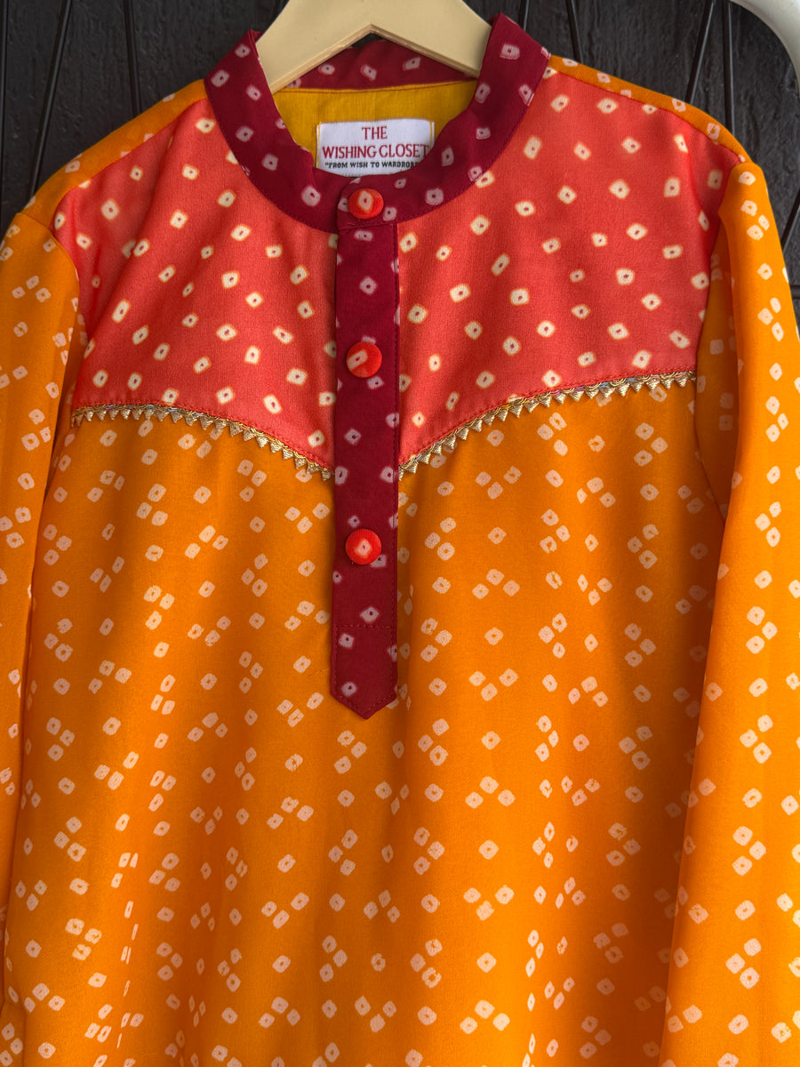 Yellow orange leheriya boys kurta set