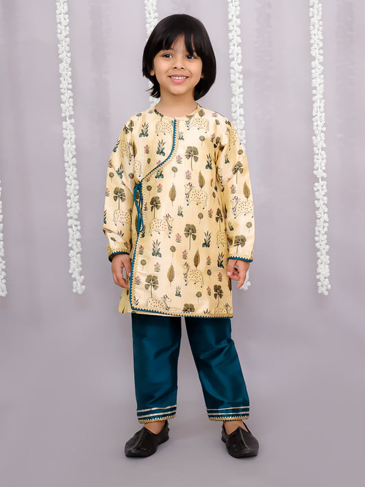 Beige Cow printed angrakha set with Green Bottom