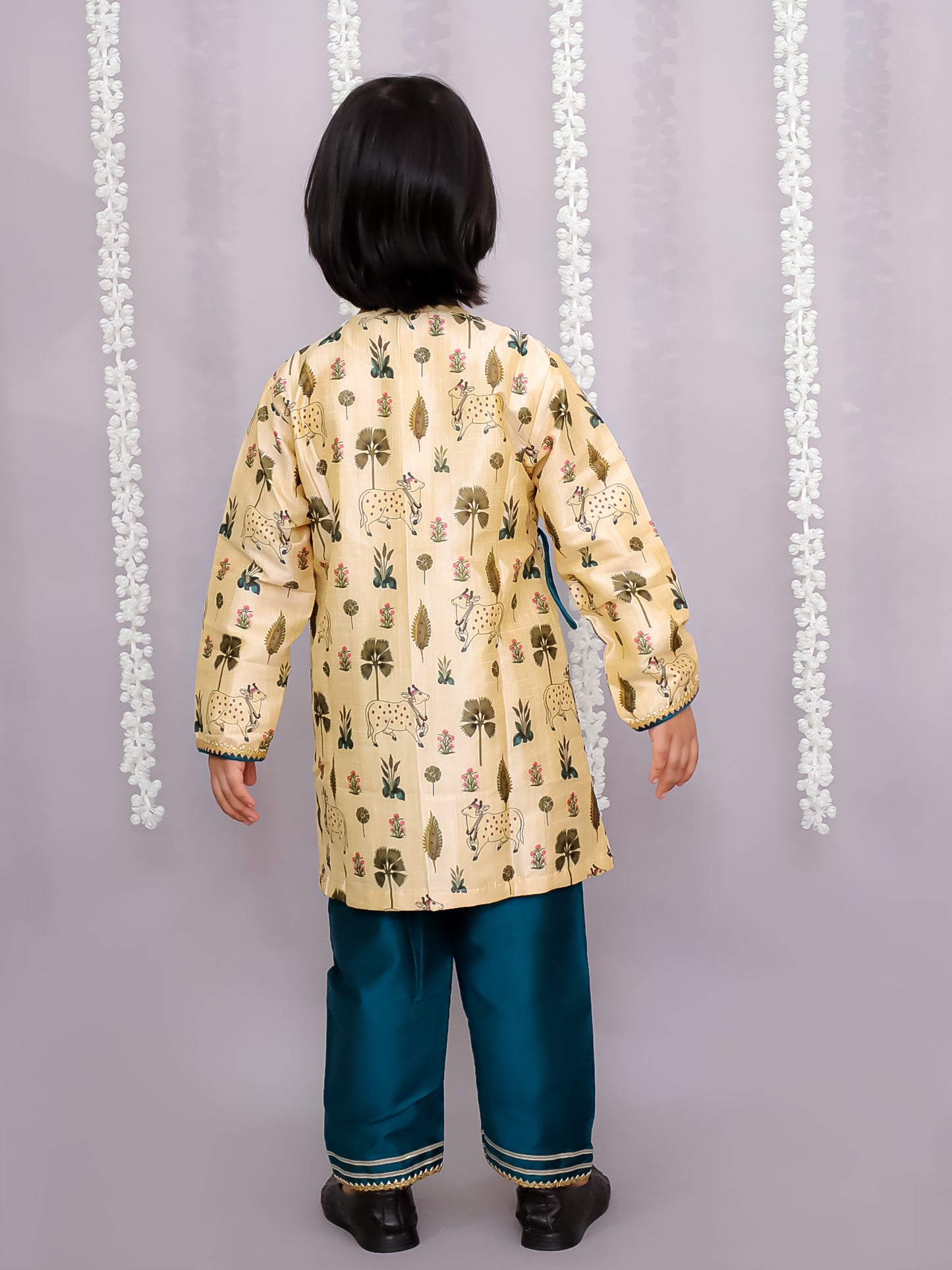 Beige Cow printed angrakha set with Green Bottom