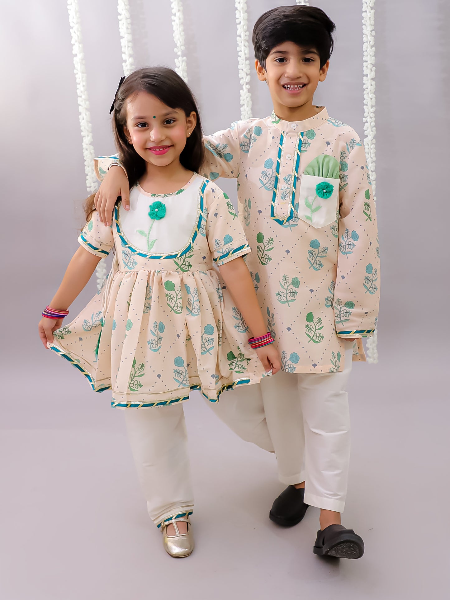 Beige floral printed anchor thread kurta set