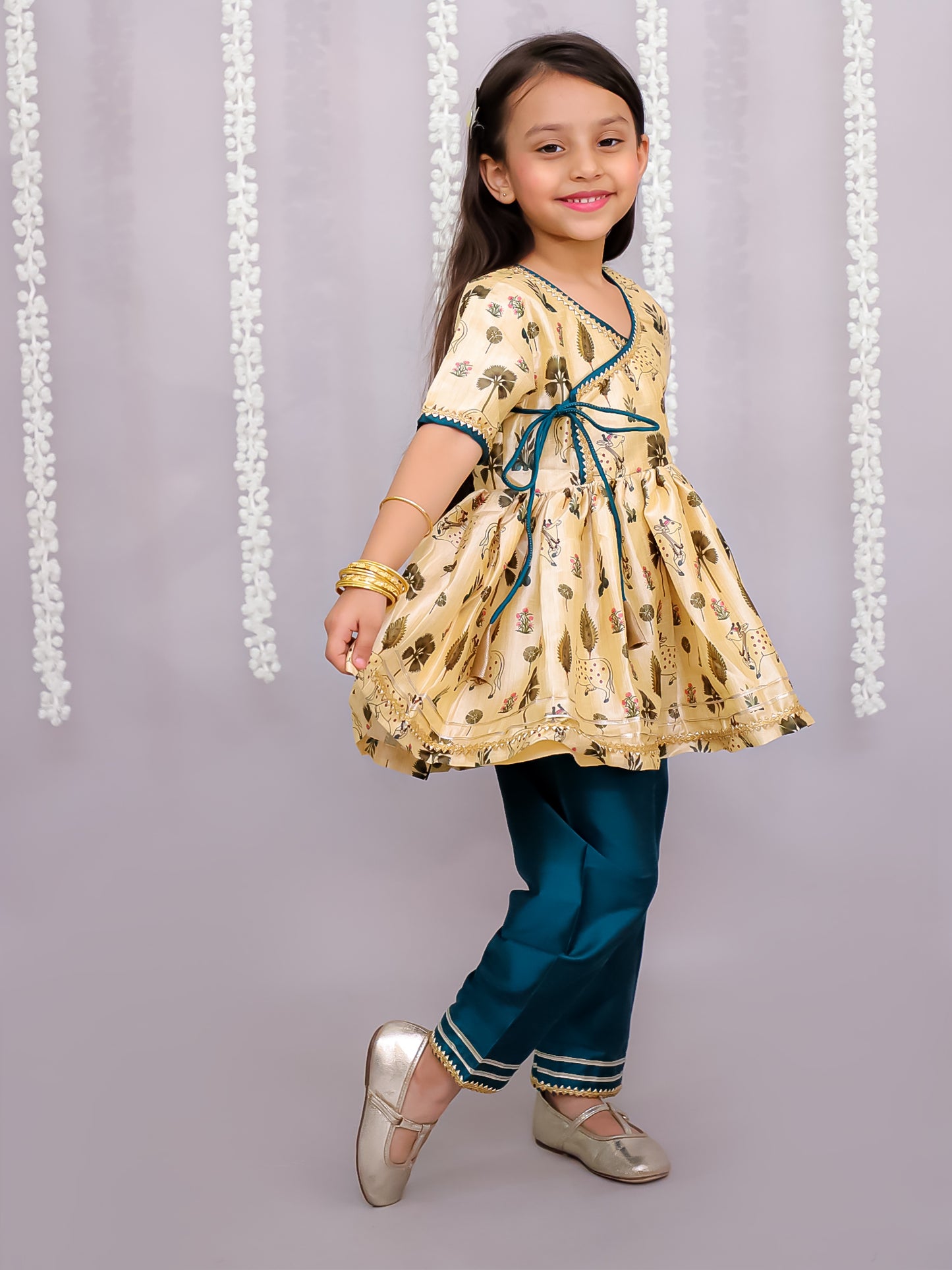 Beige Cow printed angrakha set