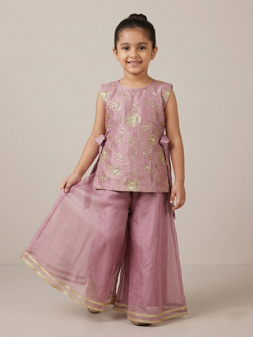 3 Piece Embroidered Top With Flared Palazzo