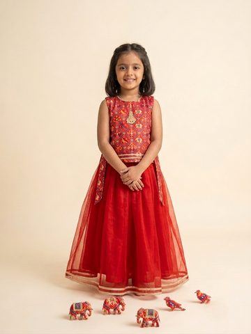 3 Piece red patola top with flared plazzo for girls, handmade to order.
