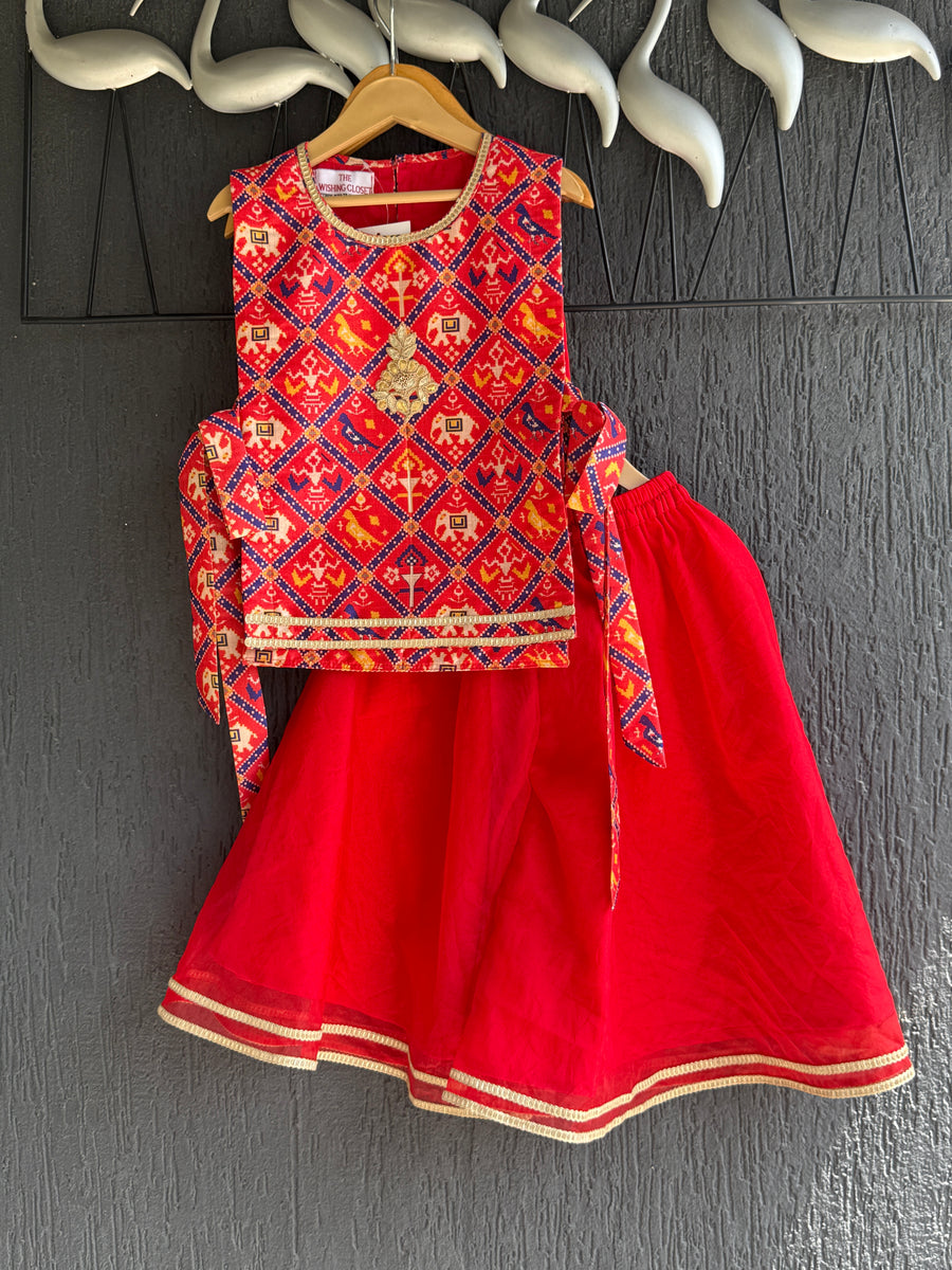 3 Piece red patola top with flared plazzo
