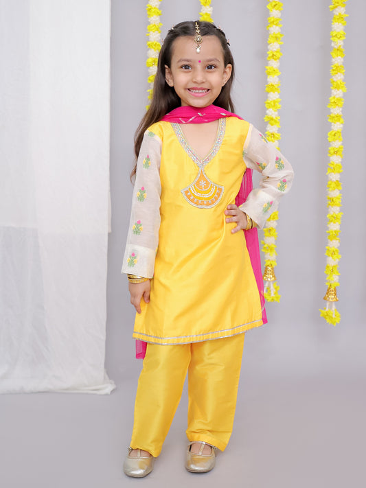 Mustard white chanderi emb kurta set