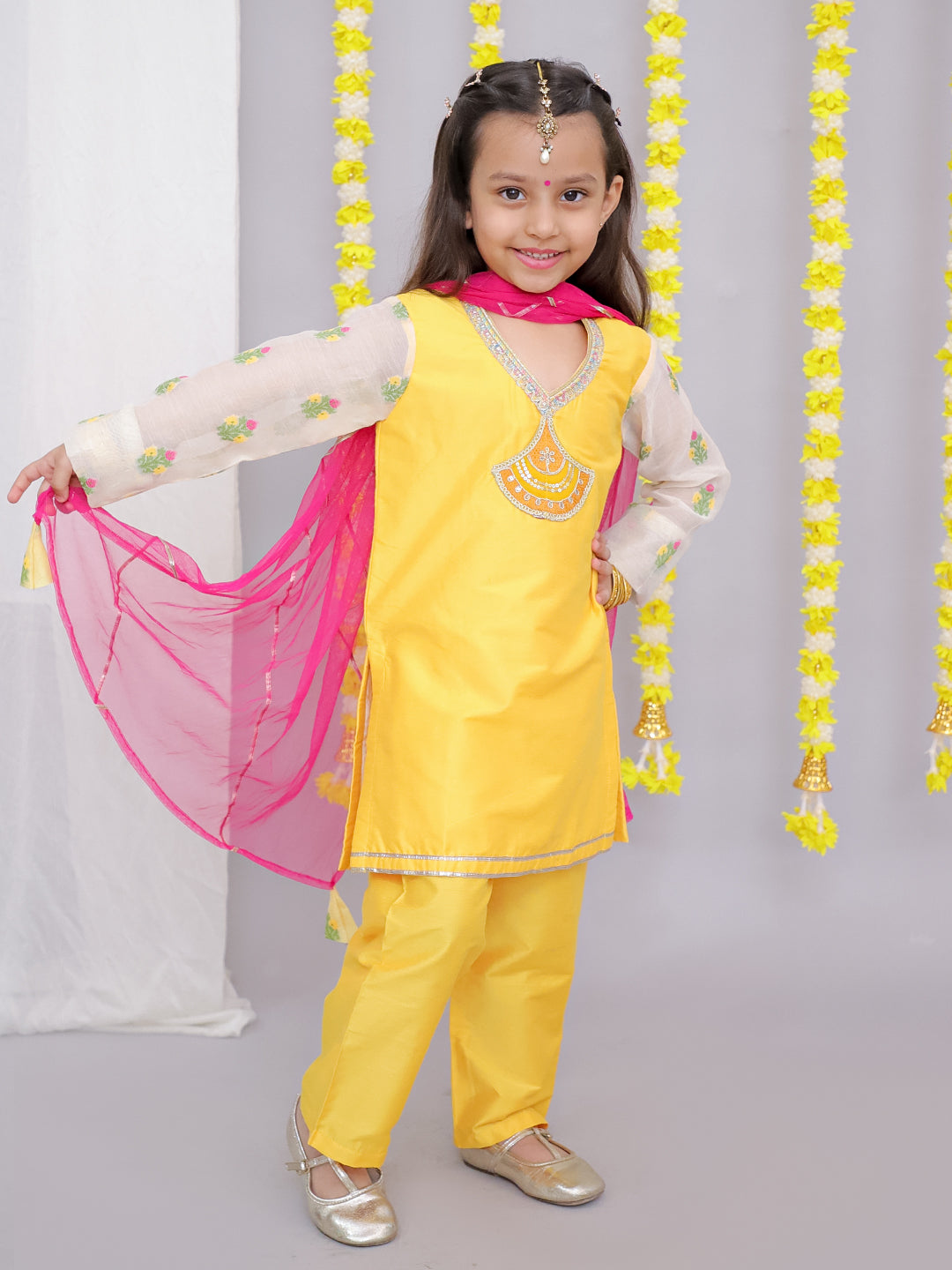 Mustard white chanderi emb kurta set