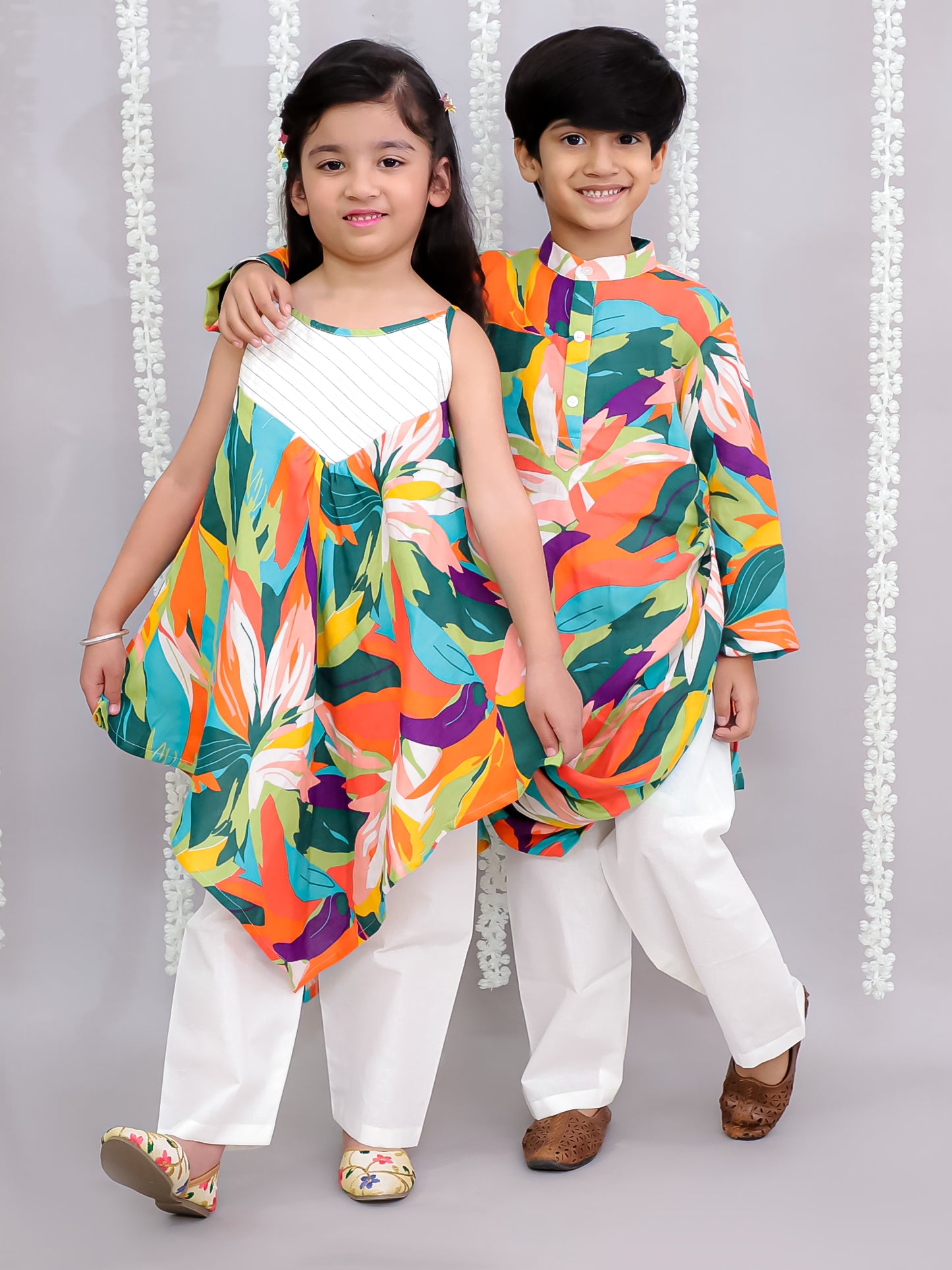 Multi colour parrot print kurta set