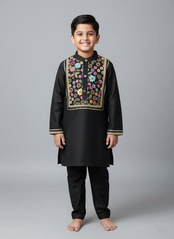 Black Embroidered Kurta Set for boys, handmade festive kidswear by The Wishing Closet