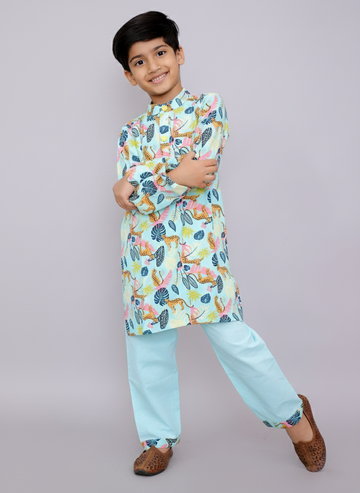 Boys' Blue tiger print kurta set, handmade festive kidswear by The Wishing Closet