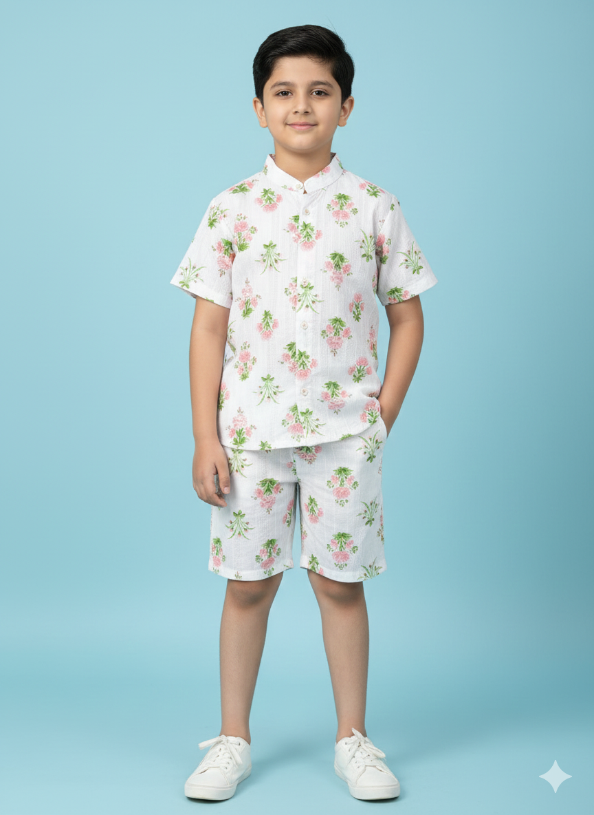 off white floral print summer shirt shorts