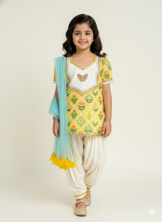 Yellow multi flower print kurta set with salwar