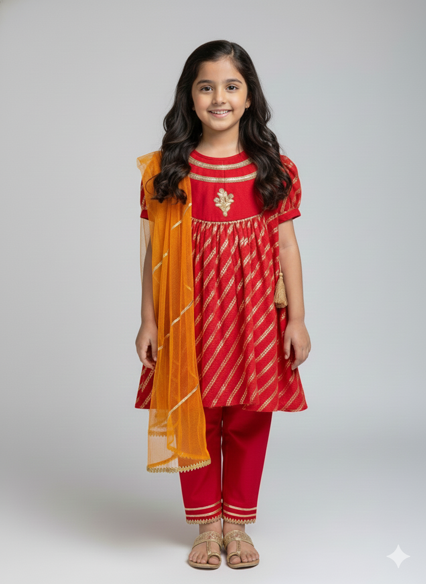 Red Chanderi A- line Kurta set