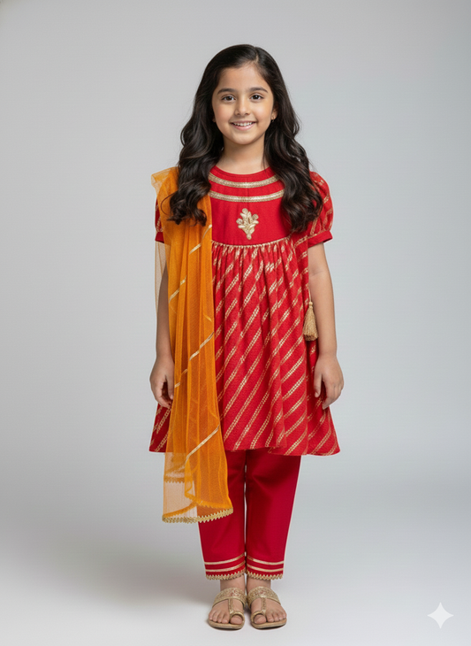 Red Chanderi A- line Kurta set