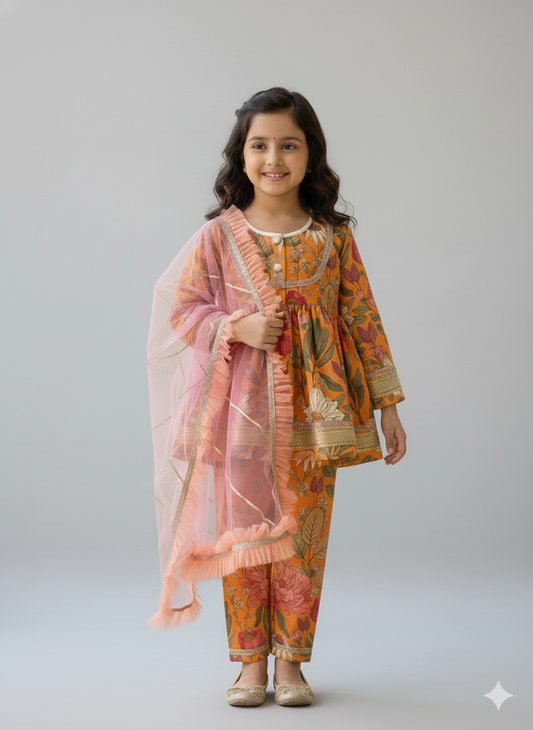 Orange flower print angrakha set