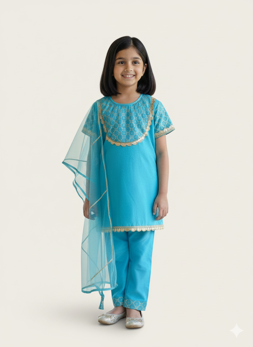 Aqua Blue Kurta Set For Girls