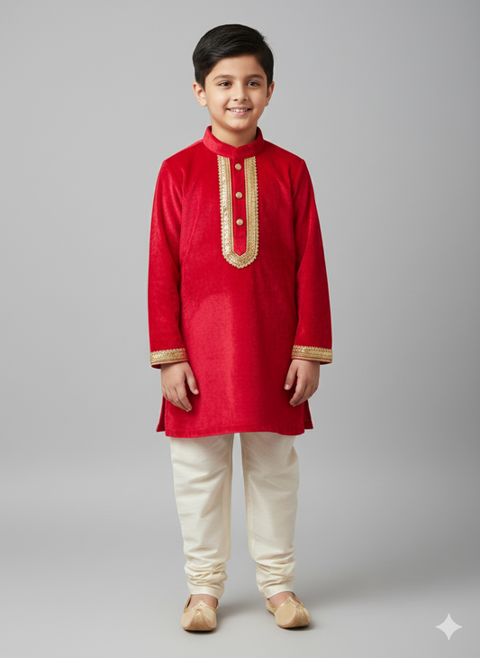 Red Velvet Kurta Set for Boys