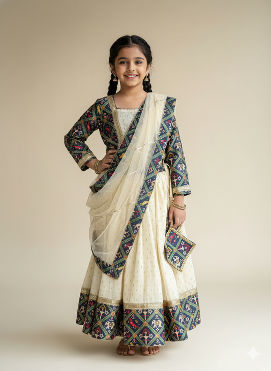 Navy Blue Patola Print Blouse and Lehenga