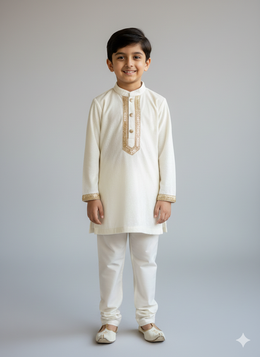 Off White Velvet Kurta Set for Boys