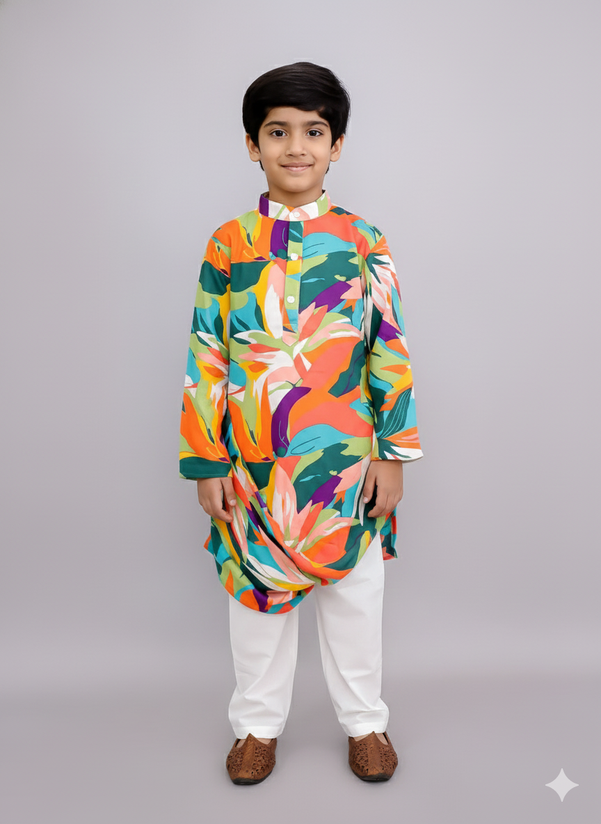 Multi colour parrot print kurta set